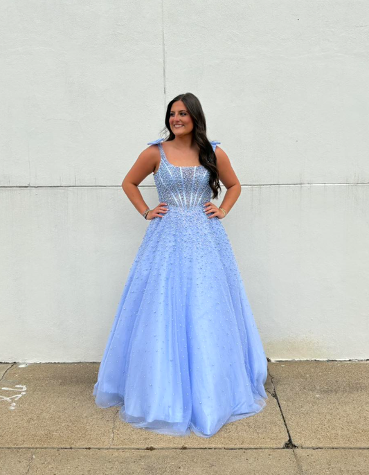 Blue A Line Spaghetti Straps Exquisite Pearl Beaded Tulle Prom Dress Party Evening Dress DP6306