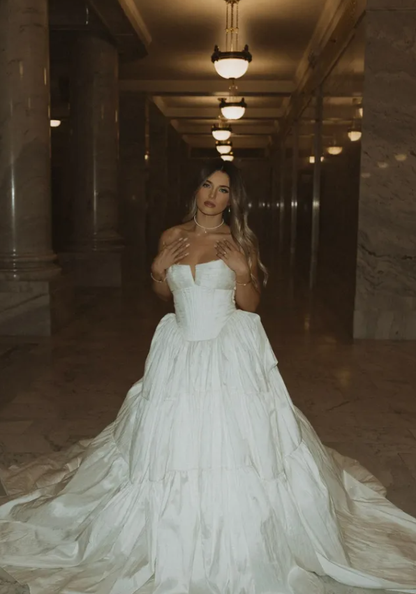 Stunning A Line Strapless White Pleated Satin Long Wedding Dress DP6079