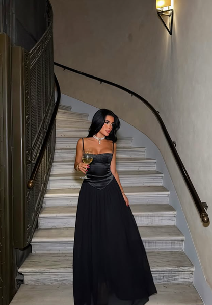 Simple A Line Spaghetti Strap Black Satin Chiffon Long Prom Dress Evening Dress DP8181