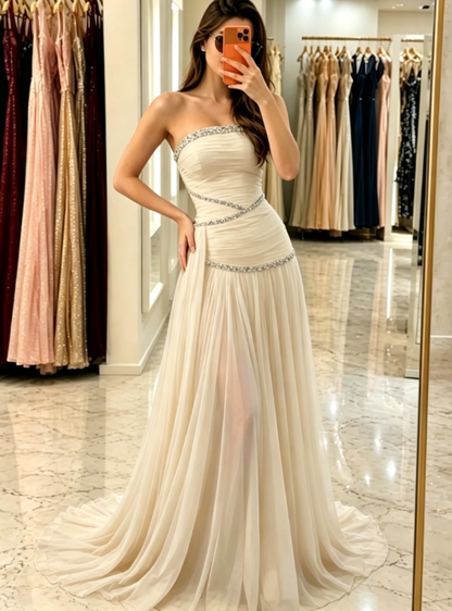 Stunning Navy Blue A Line Strapless Shiny Rhinestone Chiffon Prom Dress Evening Dress DP5634