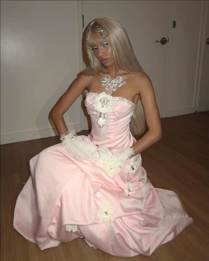 Pretty Ball Gown Strapless Pink Appliques Long Satin Prom Dresses Formal Evening Dress DP3021