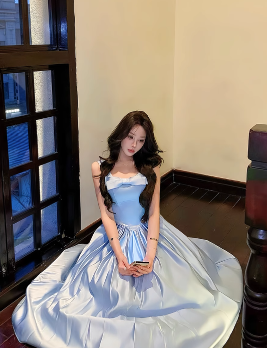 Blue Bow Simple A Line Straps Satin Prom Dress Evening Dress Formal Dress DP3159