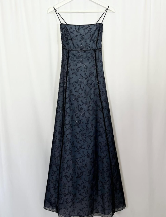 Vintage Exquisite Black Beaded A Line Spaghetti Strap Satin Prom Dress Evening Dress Date Dress DP3038