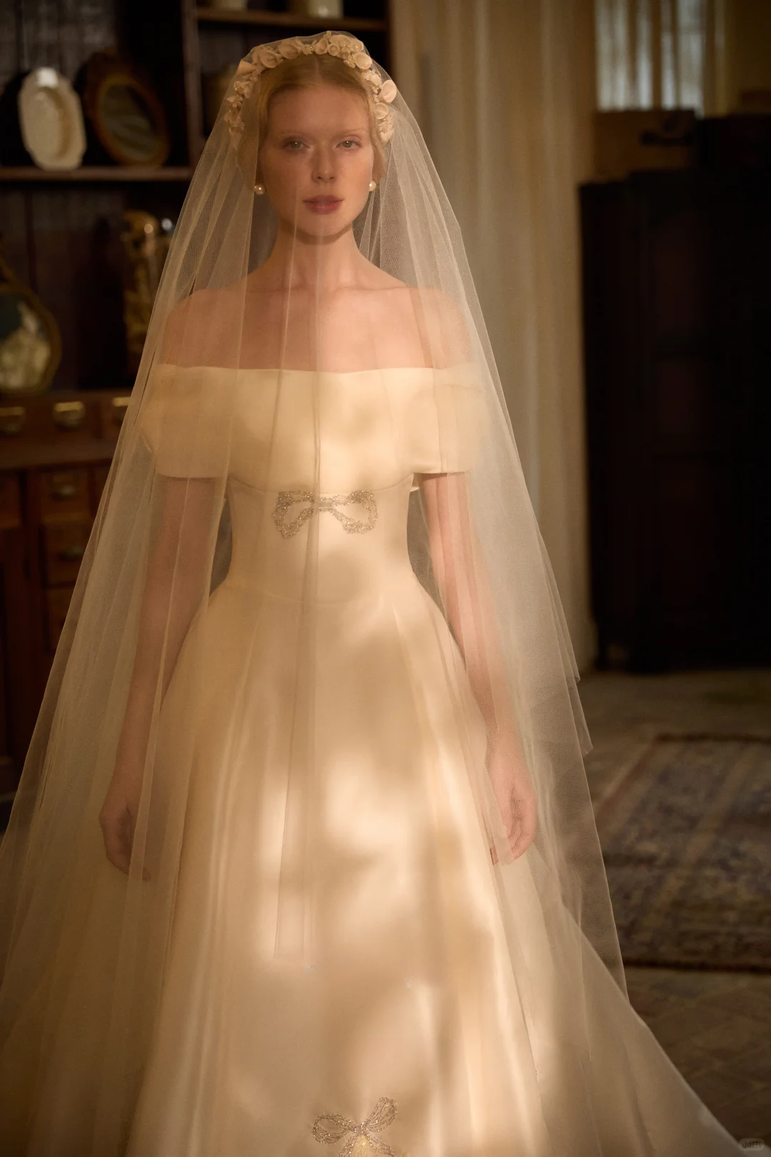 Princess Ball Gown Off the Shoulder Beaded Satin Long Prom Dress Wedding Dress DP3922