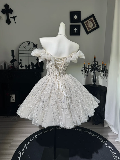 Glamorous A Line Off the Shoulder Beaded Tulle Short Prom Dress Homecoming Dress DP6975