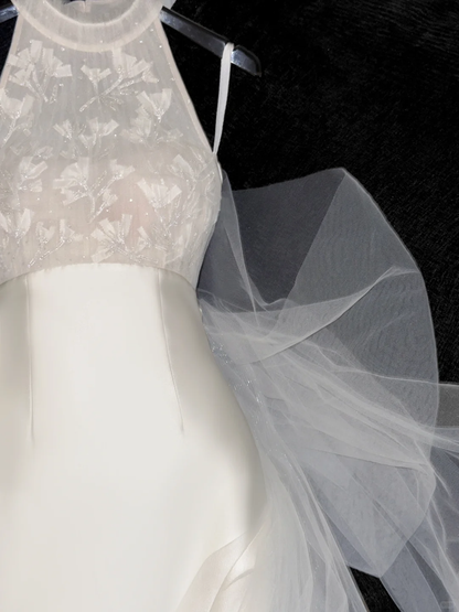 Gorgeous Mermaid Halter Appliques White Satin Tulle Long Sweep Prom Dress Wedding Dress DP2573