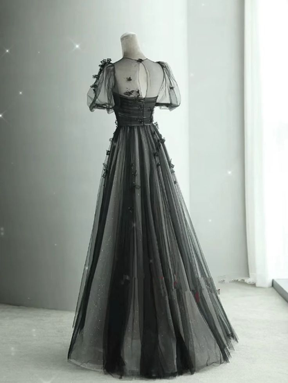 Black Round Neckline A-line Party Dress, Tulle Appliques Evning Dress Prom Dress DP107