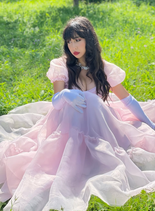 Princess A Line Puff Sleeve Light Pink Tulle Long Prom Dress Birthday Dress DP1679