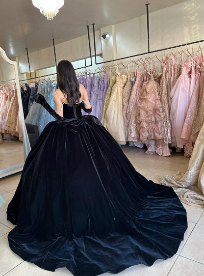 Black Swan Pearl Unique Velvet Ball Gown Sweet 16 Dress Quinceanera Dress DP3027