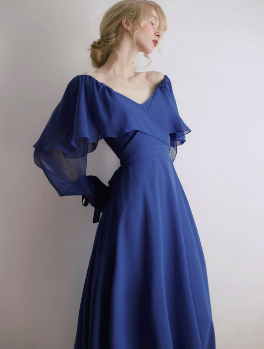Flowy Royal Blue A Line Long Sleeve Chiffon Prom Dress Evening Dress Formal Dress DP3152