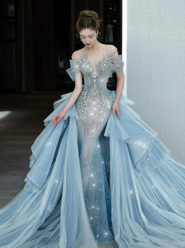 Blue Mermaid Off the Shoulder Exquisite Beaded Sequin Layered Tulle Long Prom Dress Evening Dress DP4685