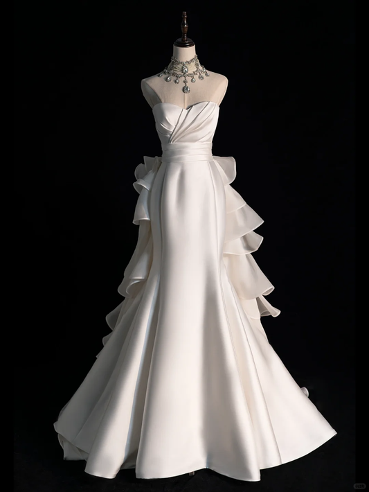 Simple Mermaid Sweetheart Neck White Satin Long Wedding Dress DP2359