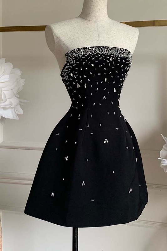 Black Vintage Strapless Beaded Short Prom Dress Homecoming Dress DP537