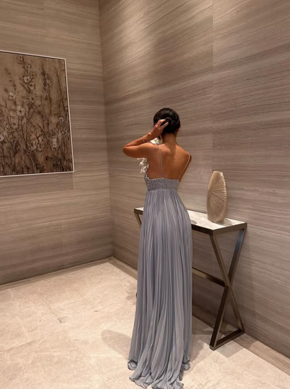 Blue Grey A Line Spaghetti Strap Sequin Beaded Pleated Chiffon Prom Dress 18th Birthday Dress DP3782