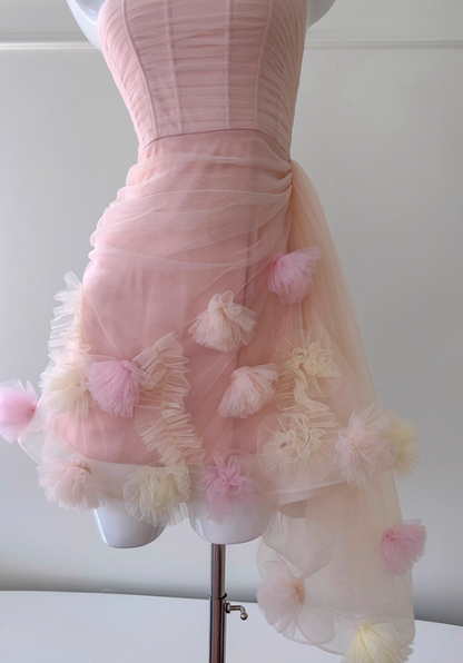 Fairy Pink Spaghetti Straps Tulle Birthday Short Prom Dress Homecoming Dress DP498