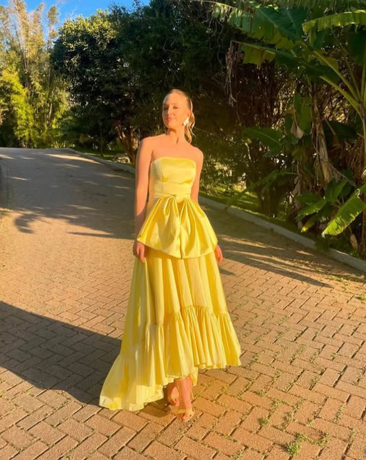 Cute A Line Strapless Yellow Satin Prom Dress Evening Dress with Bow DP1616