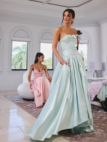 Princess A Line Strapless Green Bow Satin Prom Dress Evening Dress DP4406
