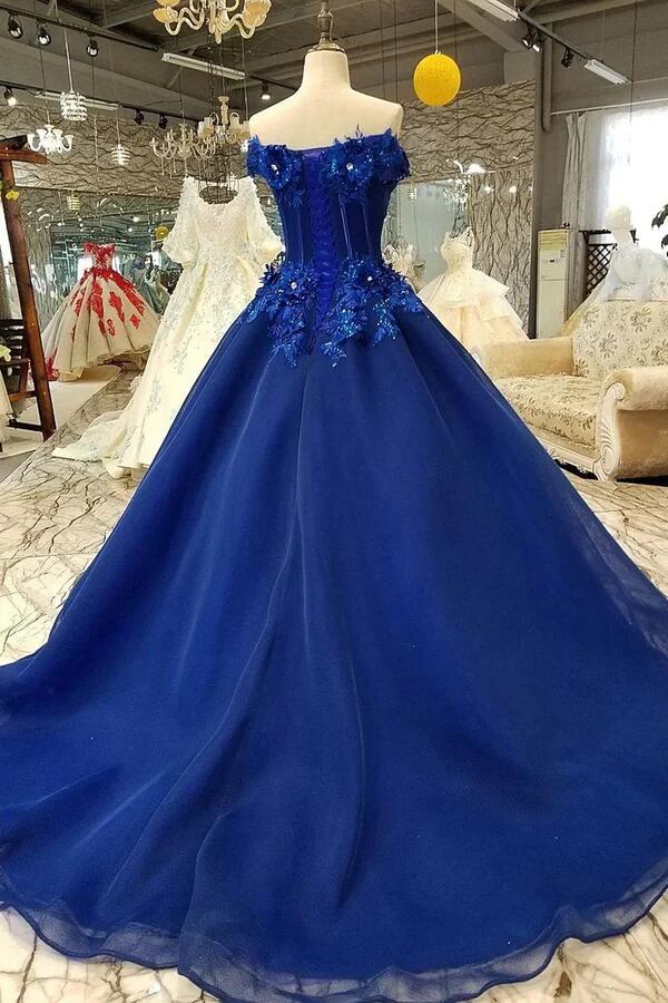 Royal Blue Off-The-Shoulder Evening Dress Appliques Formal Prom Dress Quinceanera Dress Ball Gown DP157