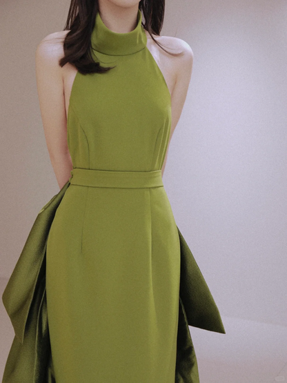 Stunning A Line Halter Green Satin Open Back Long Party Dress Prom Dress DP2535