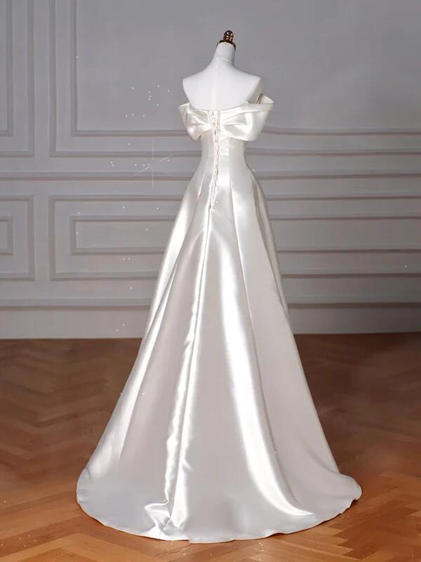 White Off The Shoulder Satin A Line Long Prom Dress DP030