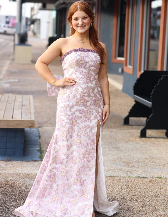 Classic Pink Print Mermaid Strapless Satin Slit Prom Dress Party Evening Dress DP6308