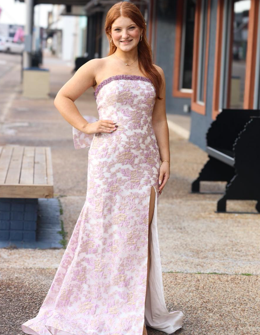 Classic Pink Print Mermaid Strapless Satin Slit Prom Dress Party Evening Dress DP6308