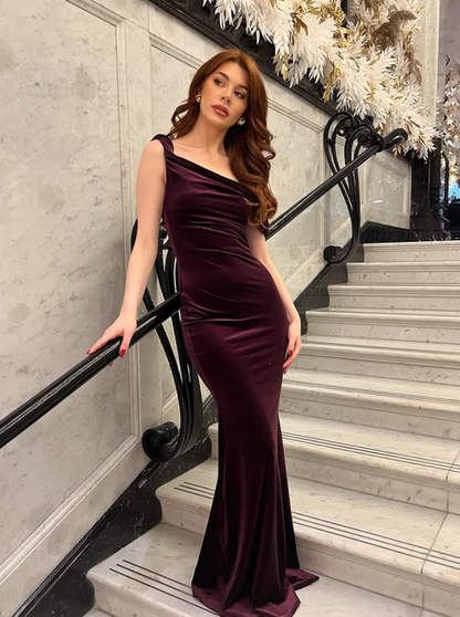 Pretty Mermaid Straps Velvet Long Prom Dress Wedding Guest Dress DP4315