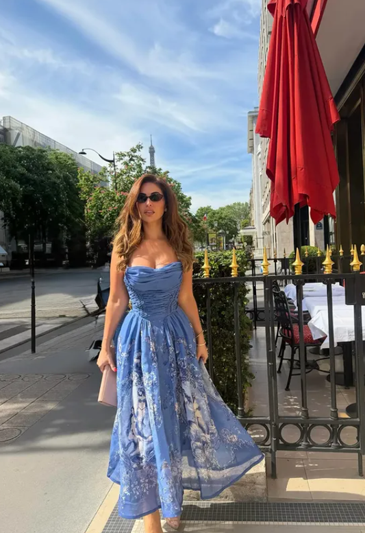 Blue Print Floral A Line Spaghetti Straps Chiffon Prom Dress Party Dress DP5801