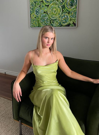 Simple Green Sheath Spaghetti Strap Satin Prom Dress Evening Dress DP5506
