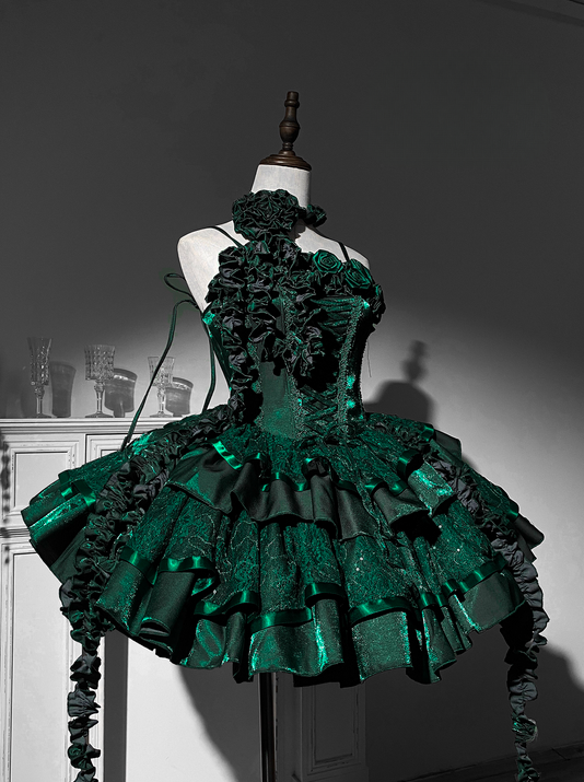 Green Roses Neckline Lolita Goth Boning Dress Sequins Tiered Ruffle Dress DP4492