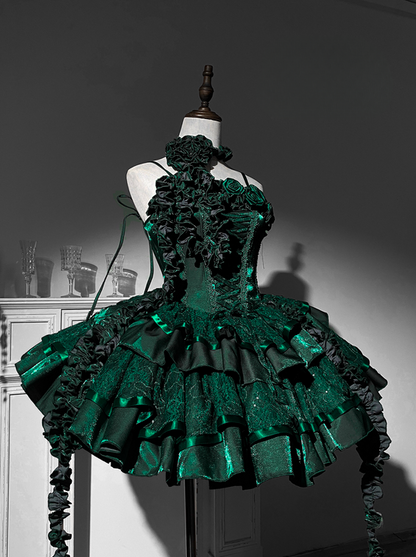Green Roses Neckline Lolita Goth Boning Dress Sequins Tiered Ruffle Dress DP4492