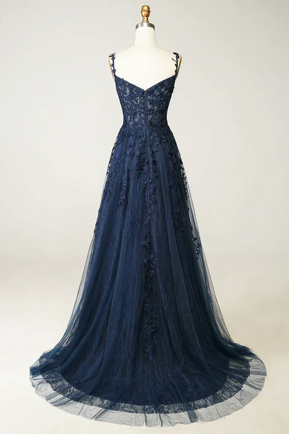 Beautiful A Line Spaghetti Straps Navy Blue Appliques Prom Dress  Evening Dress DP094