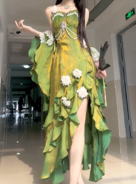 Stunning Green Mermaid Strap Rose Layered Satin Prom Dress Graduation Ball Gown DP4560