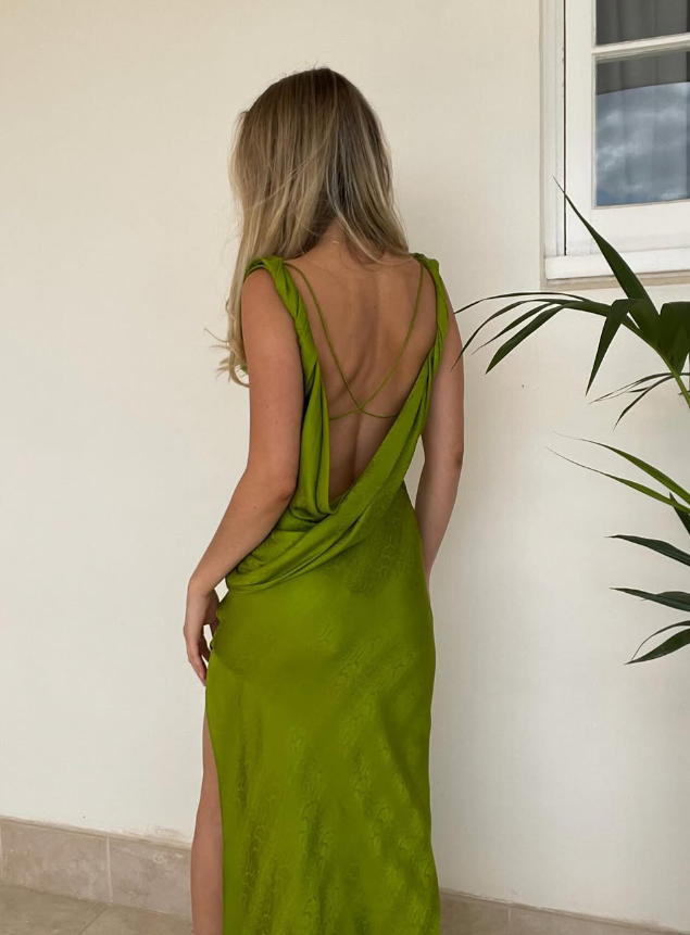Green A Line Straps Satin Open Back Long Prom Dress Evening Dress DP1625