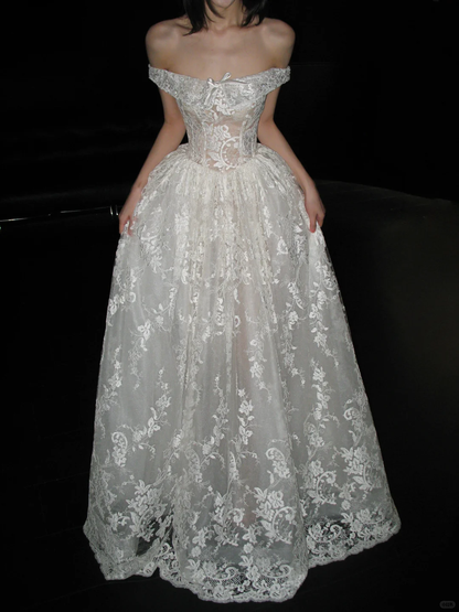 Princess Ball Gown Off the Shouler White Lace Long Wedding Dress DP4419