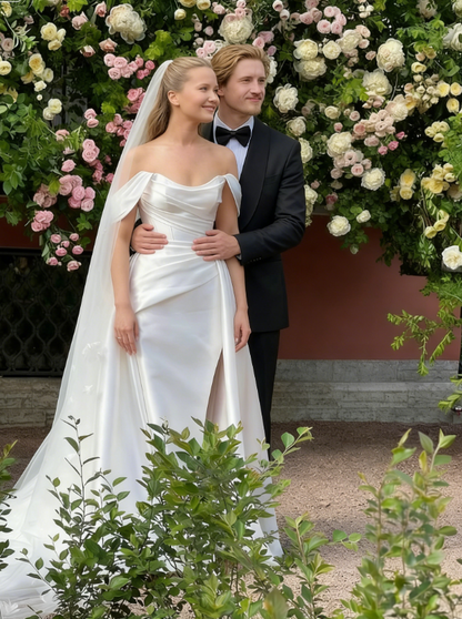 Classic A Line Off the Shoulder Pleated Satin Long Prom Dress Wedding Dresses DP3664