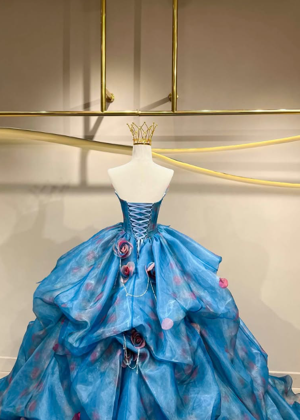Stunning Ball Gown Sweetheart Neck 3D Floral Blue Organza Prom Dress Quinceanera Dress DP6601