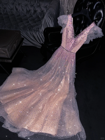 Pink A Line V Neck Tiered Sequin Tulle Prom Dress Graduation Prom Dress DP1977