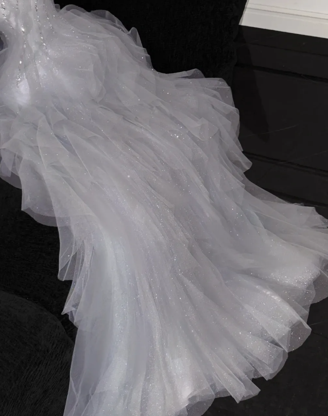 Grey A Line Strapless Beaded Ruffle Tulle Party Dress Evening Dress DP2868