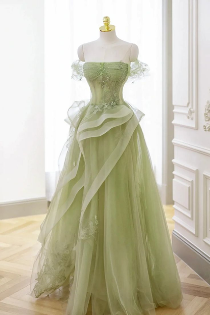 Light Green Tulle Appliques Beaded  Long Prom Dress Formal Evening Dress DP017