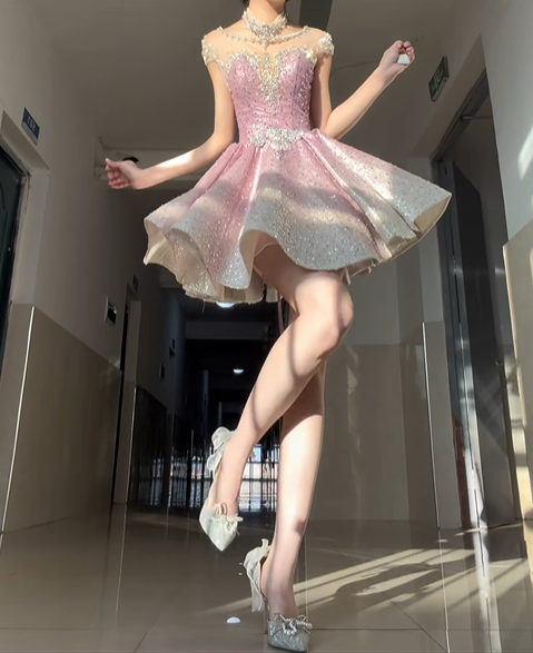 Cute Pink Ombre A Line Beaded Sequin Short Prom Dress Homecoming Dress DP4558