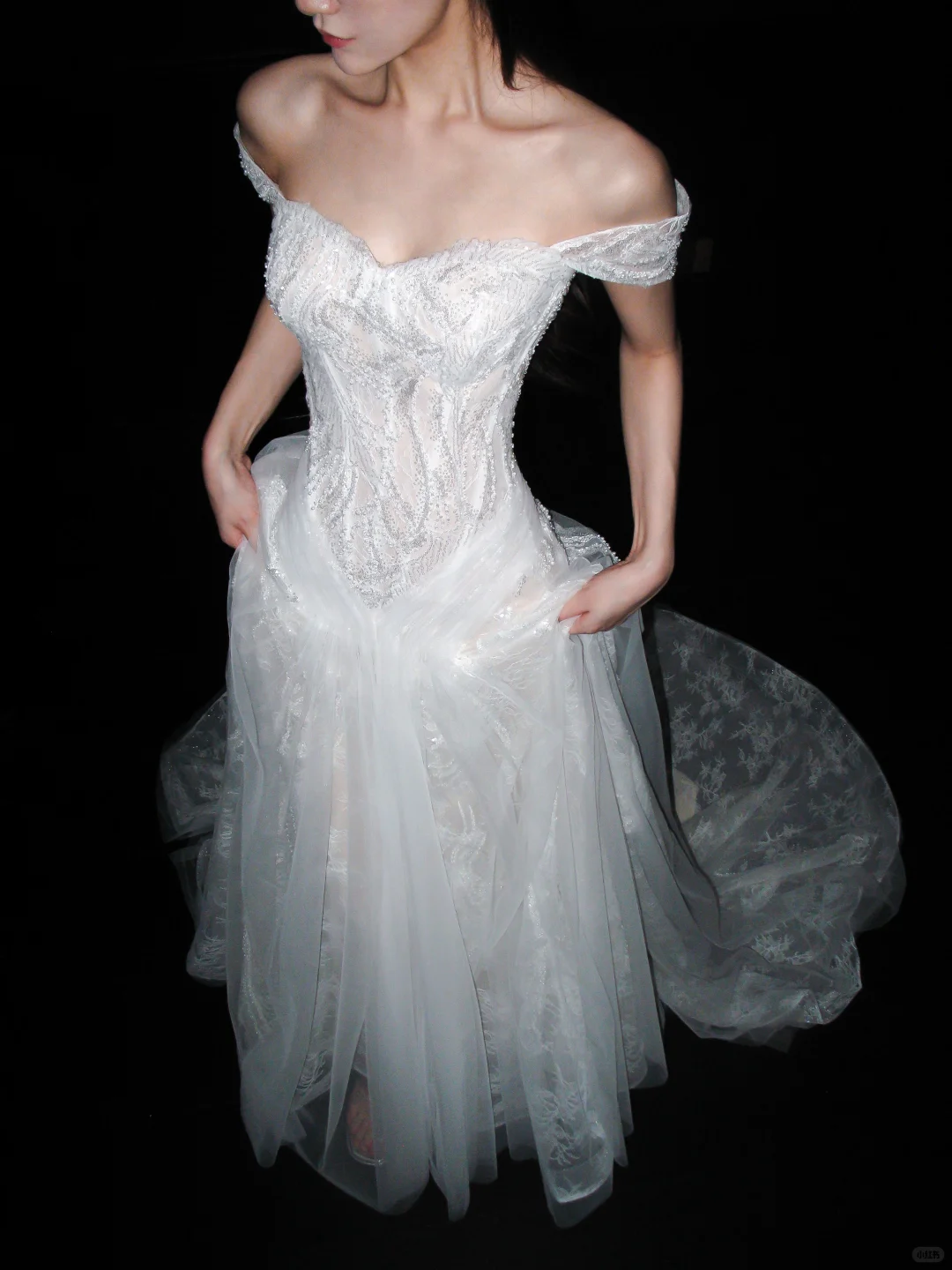 Dreamy A Line Off the Shoulder White Beaded Lace Tulle Long Train Wedding Dress DP8101