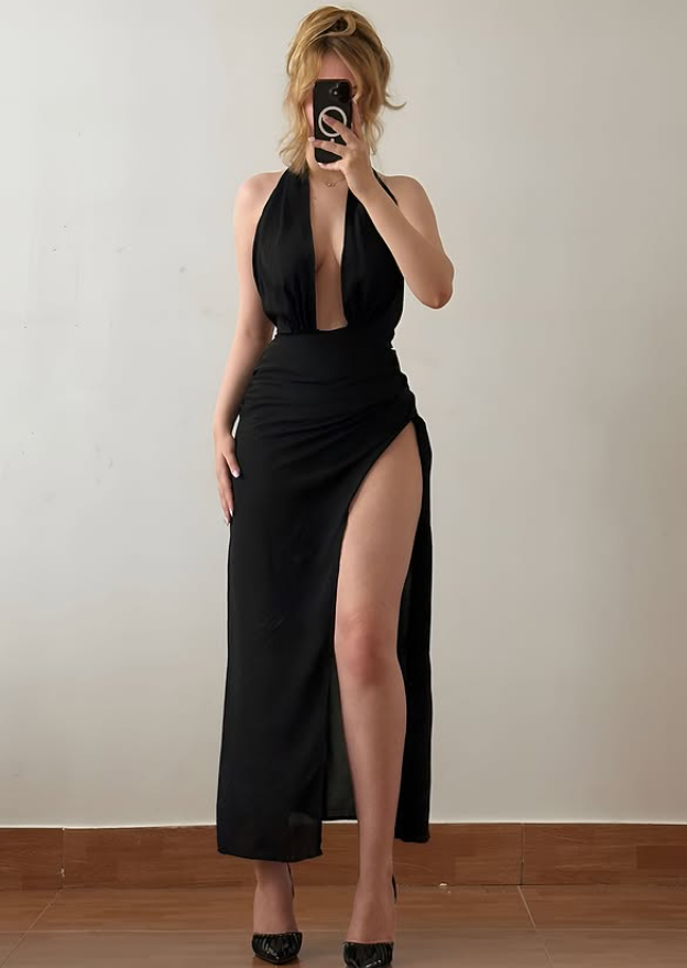 Sexy Black A Line Halter Chiffon High Slit Backless Prom Dress Evening Dress DP6427