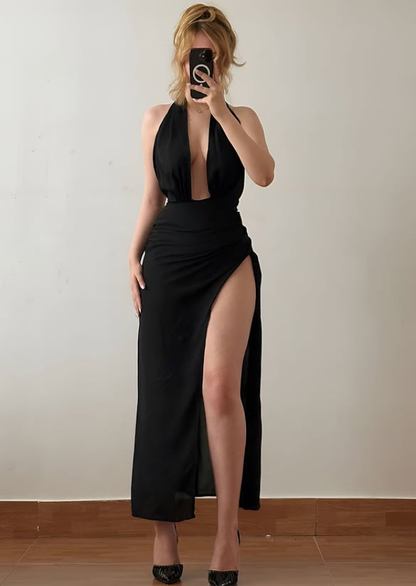 Sexy Black A Line Halter Chiffon High Slit Backless Prom Dress Evening Dress DP6427