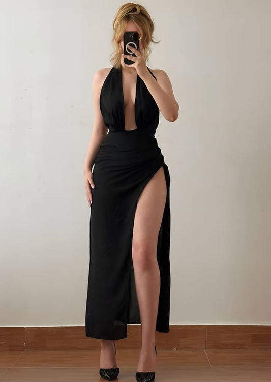 Sexy Black A Line Halter Chiffon High Slit Backless Prom Dress Evening Dress DP6427