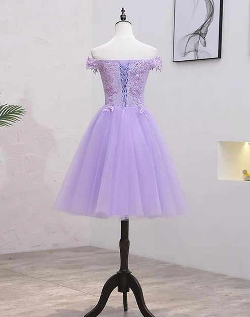 Elegant Purple Tulle Lace Appliques Off The Shoulder Homecoming Dress Mini Party Dress DP557