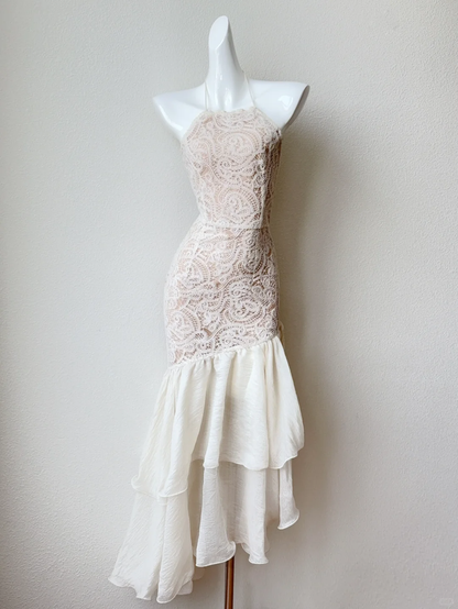 Pretty Mermaid Halter Light Apricot Lace Layered Satin Prom Dresses Outfits DP4195