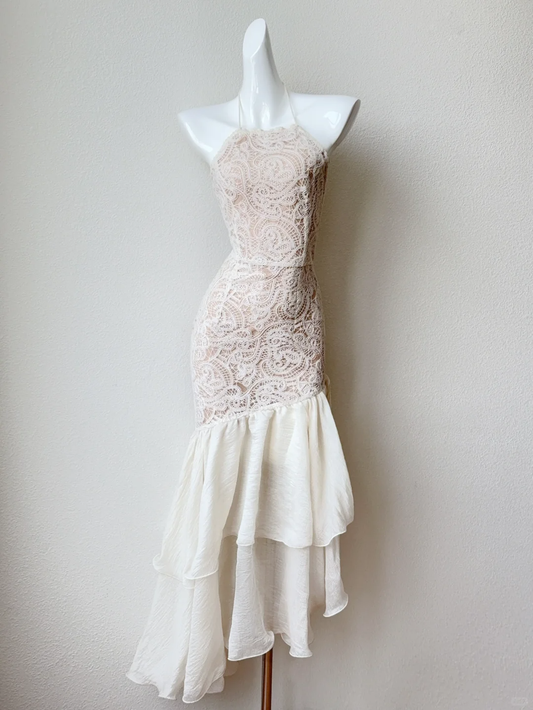 Pretty Mermaid Halter Light Apricot Lace Layered Satin Prom Dresses Outfits DP4195