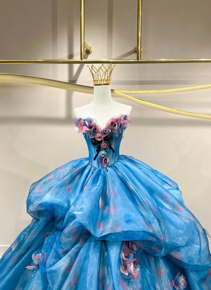 Stunning Ball Gown Sweetheart Neck 3D Floral Blue Organza Prom Dress Quinceanera Dress DP6601