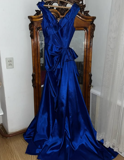 Vintage Royal Blue Mermaid V Neck Satin Slit Prom Dress Evening Dress Date Dress DP5706